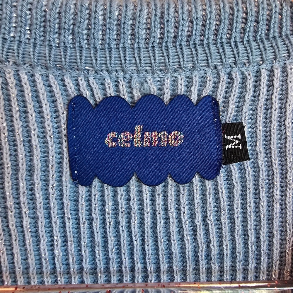 Free People x Celmo Shimmer Blue Three Button Cardi Sweater Cardigan SZ MediumY - Picture 7 of 9